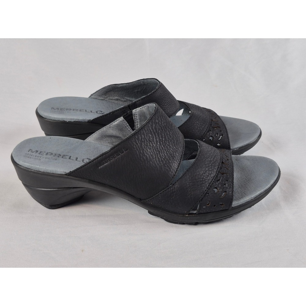 Merrell Women's 9 Leather Slide Sandals Black Comfort Low Heel Ortholite Mules